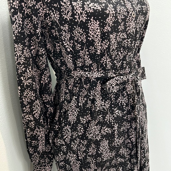 Boden Black Floral Midi Dress Smocked Neckline Button Front Belted Long Sleeve - Picture 9 of 12